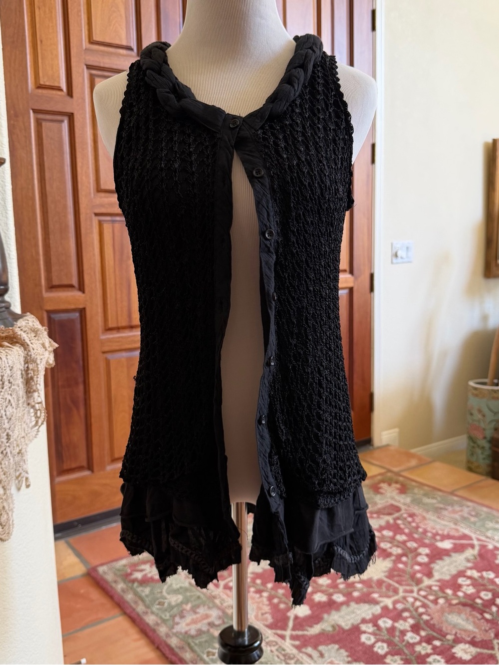 Monoreno Black Sleeveless Braided-Neck Knit Tunic with Ruffle Hem